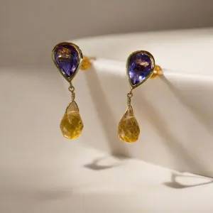 Amethyst & Citrine 18k gold earrings, one of a kind, Fine earrings, Handmade earrings, Greek Jewelry