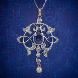 Antique Edwardian 3.25Ct Sapphire Diamond Pendant Necklace Platinum 18Ct Gold Circa 1905