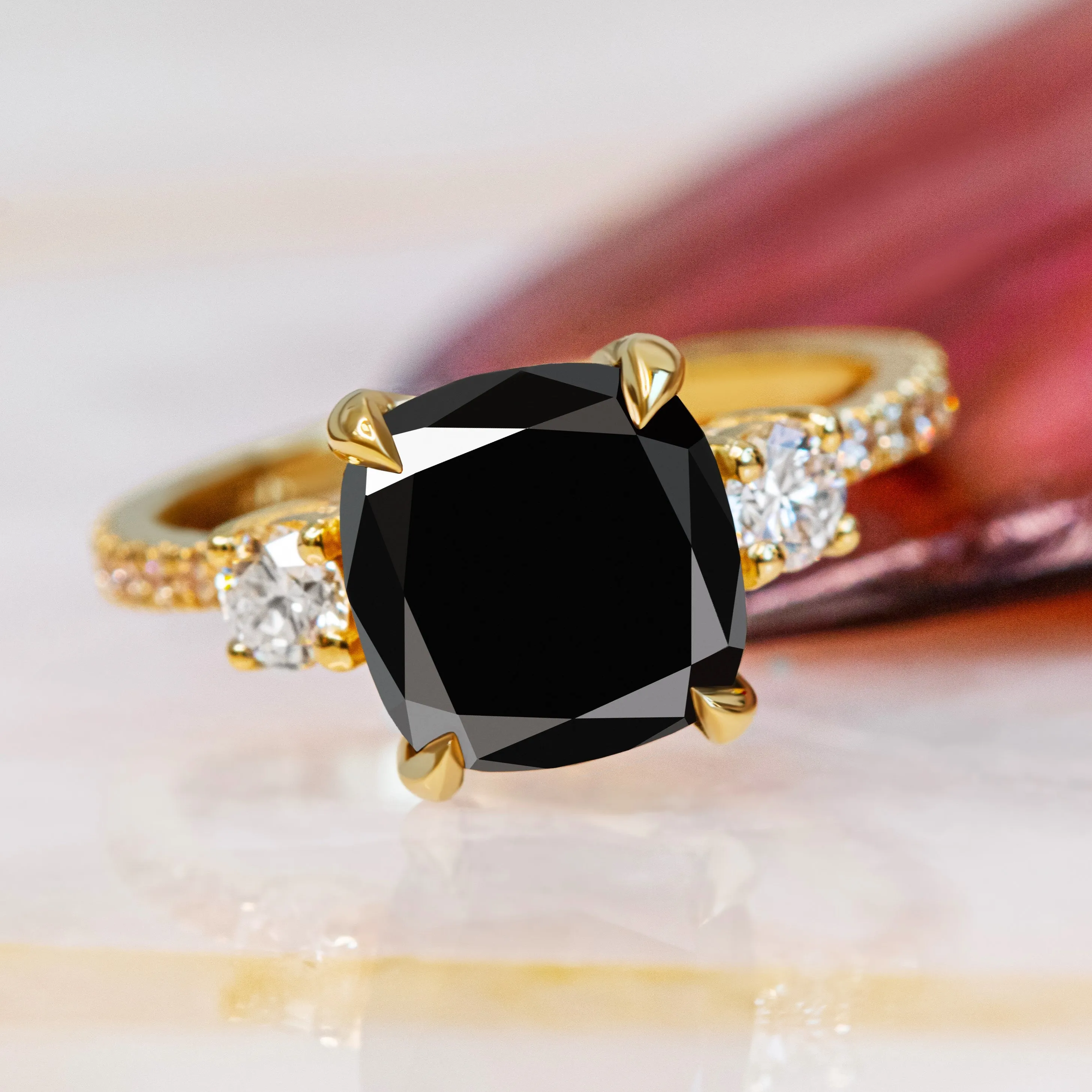 Arkana- Three Stone Natural Black Diamond Cushion Engagement Ring