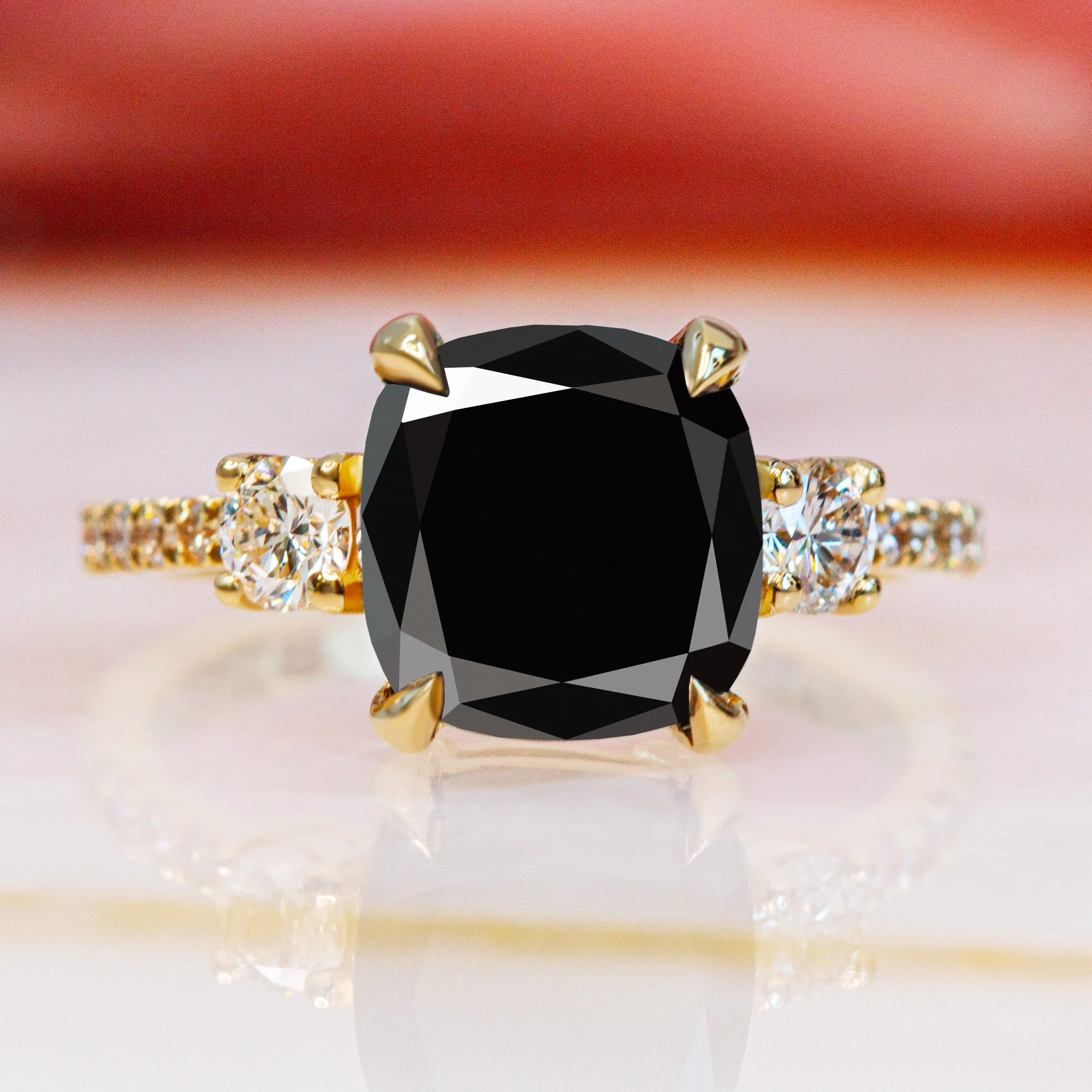 Arkana- Three Stone Natural Black Diamond Cushion Engagement Ring