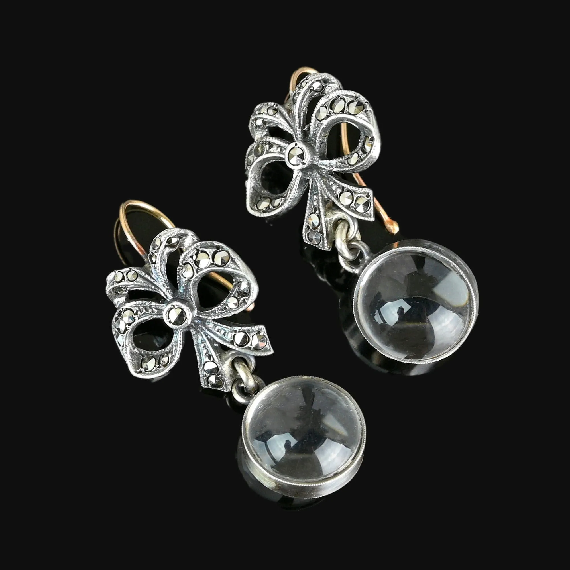 Art Deco 9K Gold Silver Pools of Light Rock Crystal Earrings