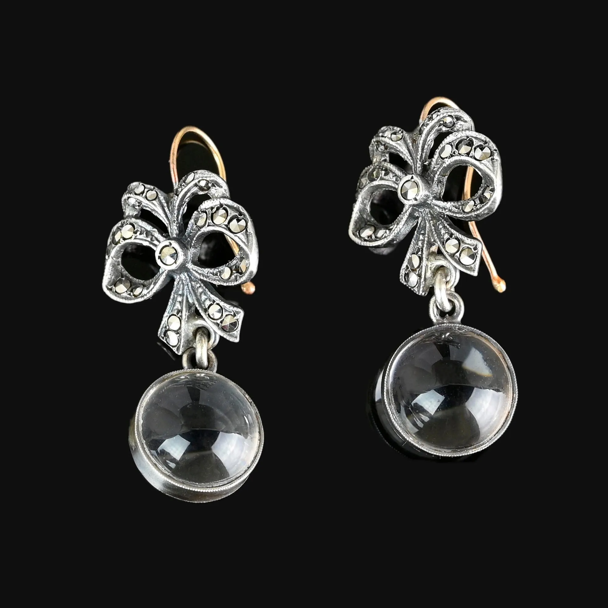 Art Deco 9K Gold Silver Pools of Light Rock Crystal Earrings