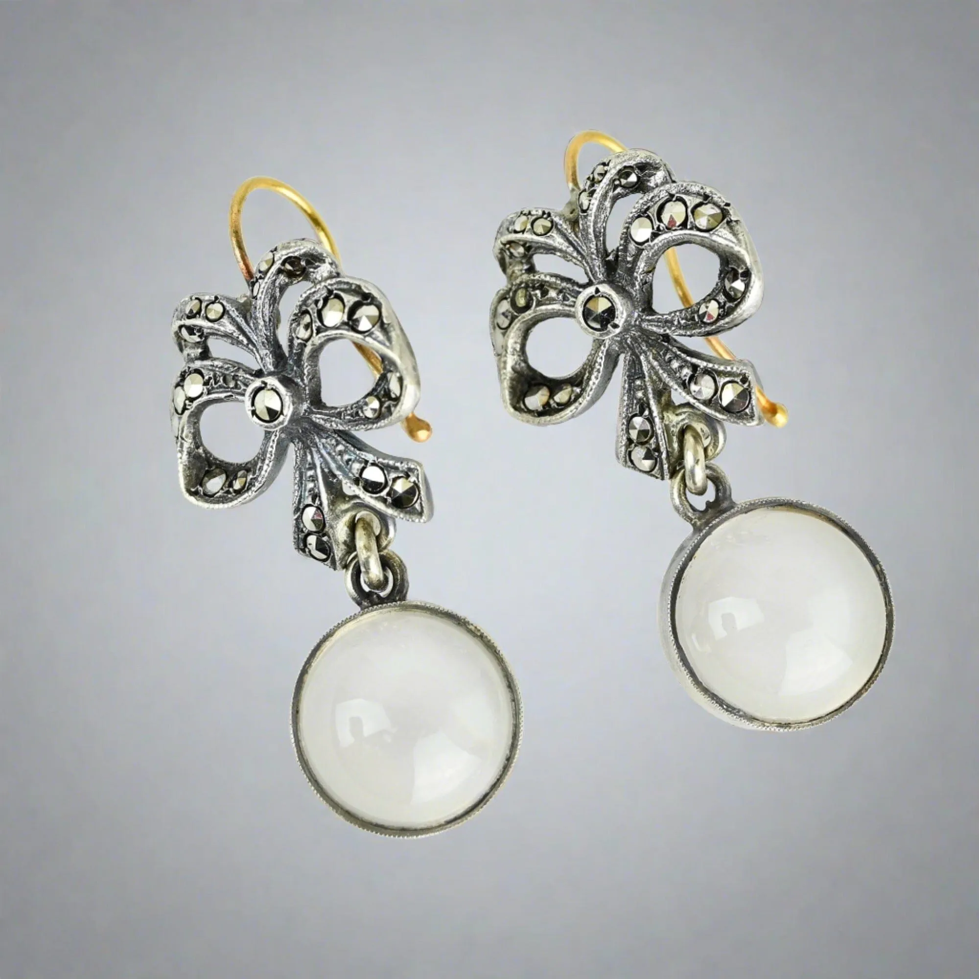 Art Deco 9K Gold Silver Pools of Light Rock Crystal Earrings