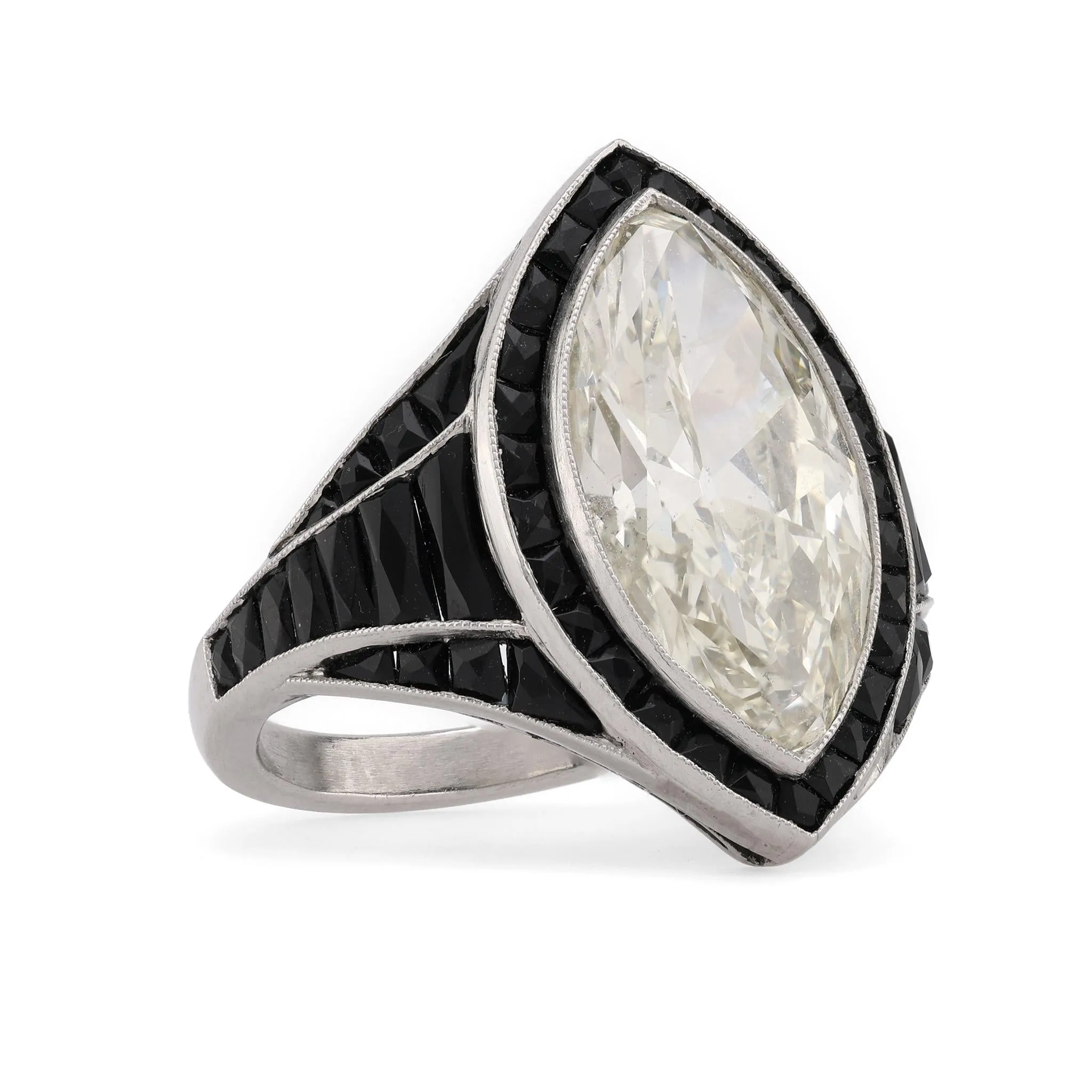 Art Deco Style 6.59 Carat Oval Cut Diamond Onyx Platinum Cocktail Ring