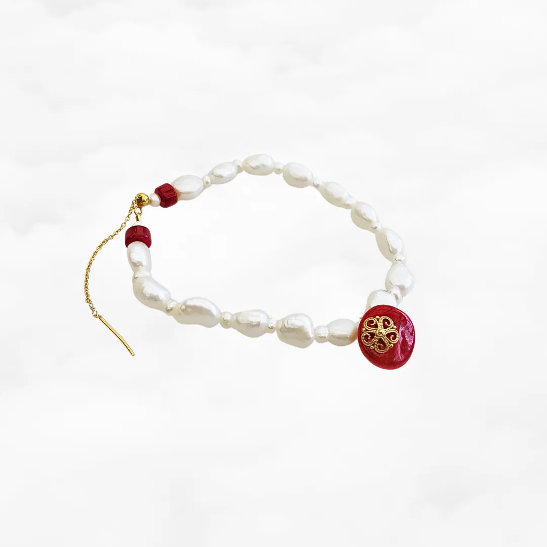 Beaded Pearl and Red Coral Bracelet