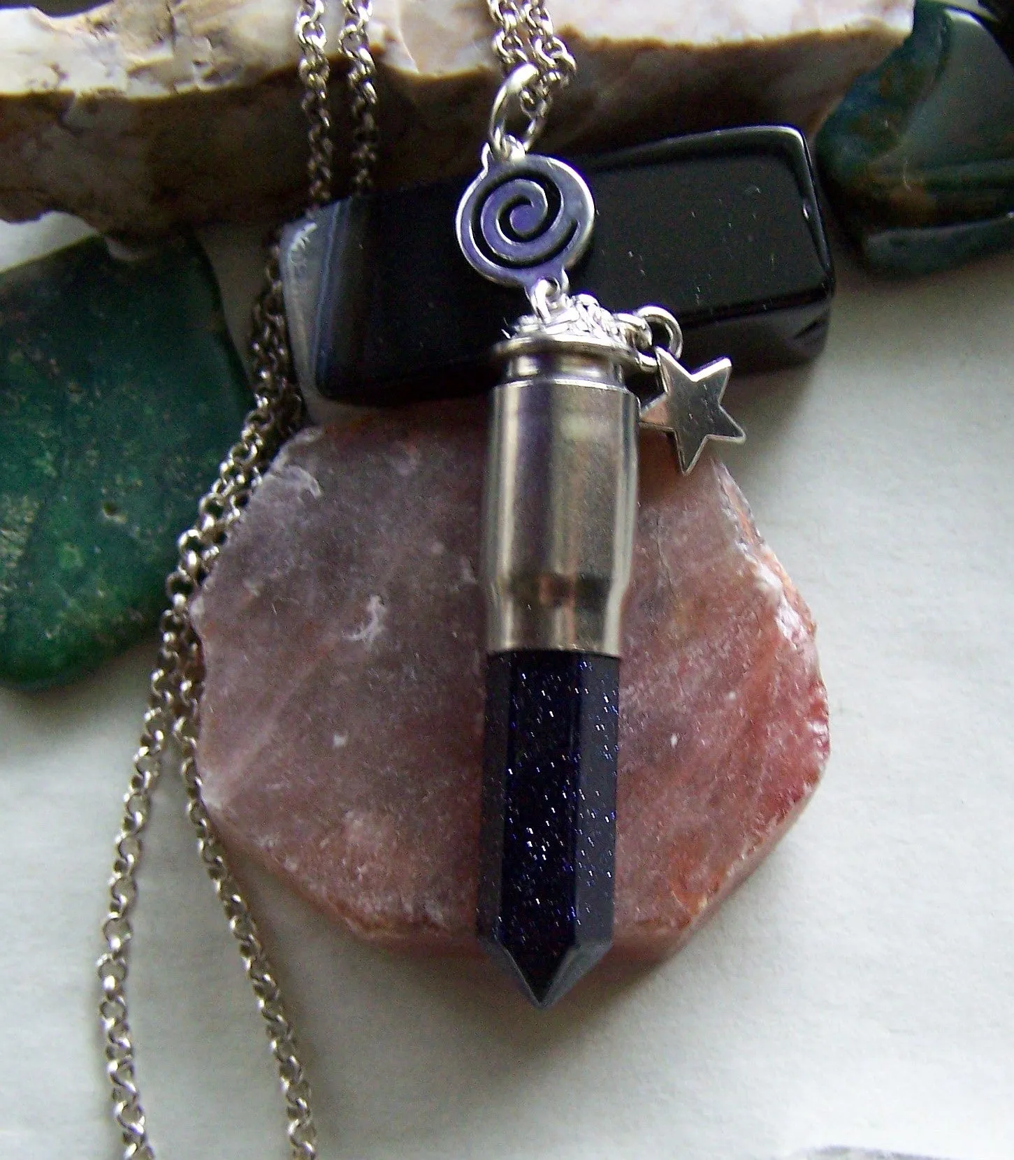 Blue Night Stars Silver Spiral Bullet Pendant Necklace