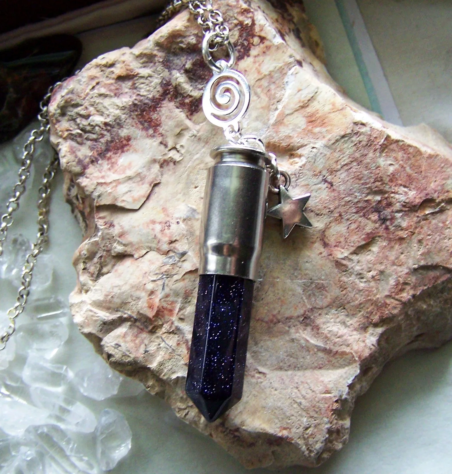 Blue Night Stars Silver Spiral Bullet Pendant Necklace