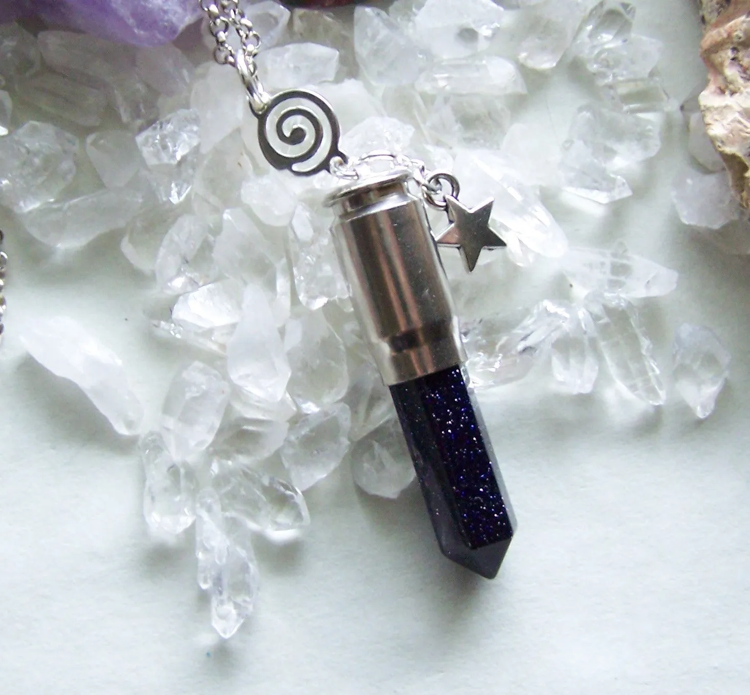 Blue Night Stars Silver Spiral Bullet Pendant Necklace