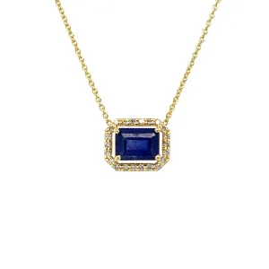 Blue Sapphire Solitaire with Diamond Halo Necklace