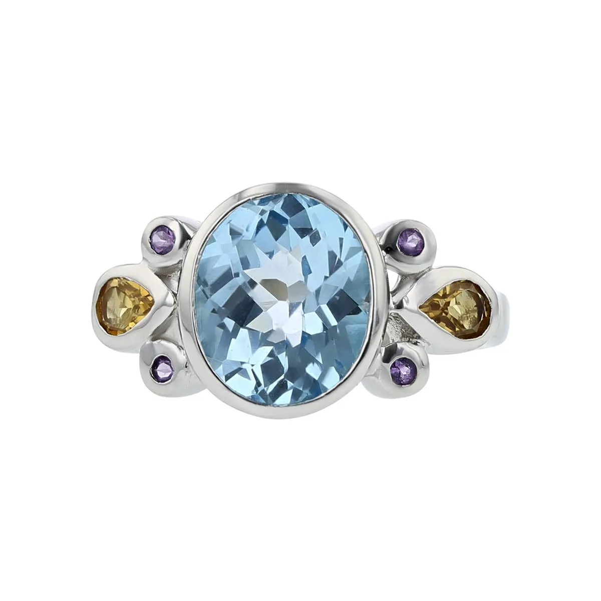 Blue Topaz, Yellow Citrine and Amethyst Ring