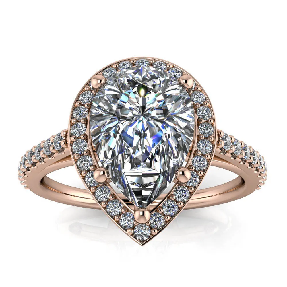 Classic Halo Engagement Ring with Pear-Shaped Large Center, Diamond Accent Sides, Clean-Cut Design, and Thin Band – Moissanite or Lab-Grown Diamond in Gold or Platinum - Chrissy