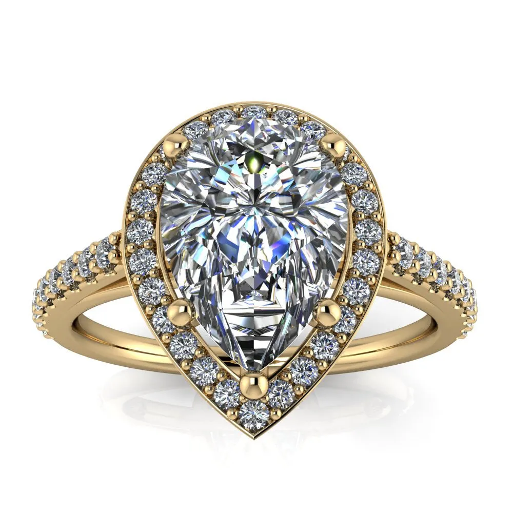 Classic Halo Engagement Ring with Pear-Shaped Large Center, Diamond Accent Sides, Clean-Cut Design, and Thin Band – Moissanite or Lab-Grown Diamond in Gold or Platinum - Chrissy