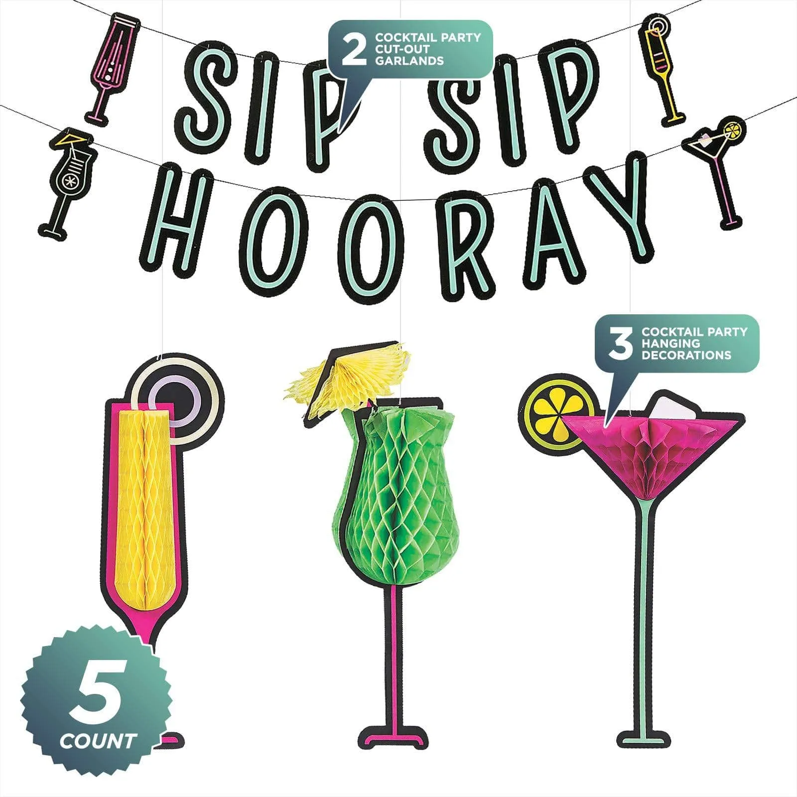 Cocktail Party Sip Sip Hooray Garland and Hanging Tissue Decorations