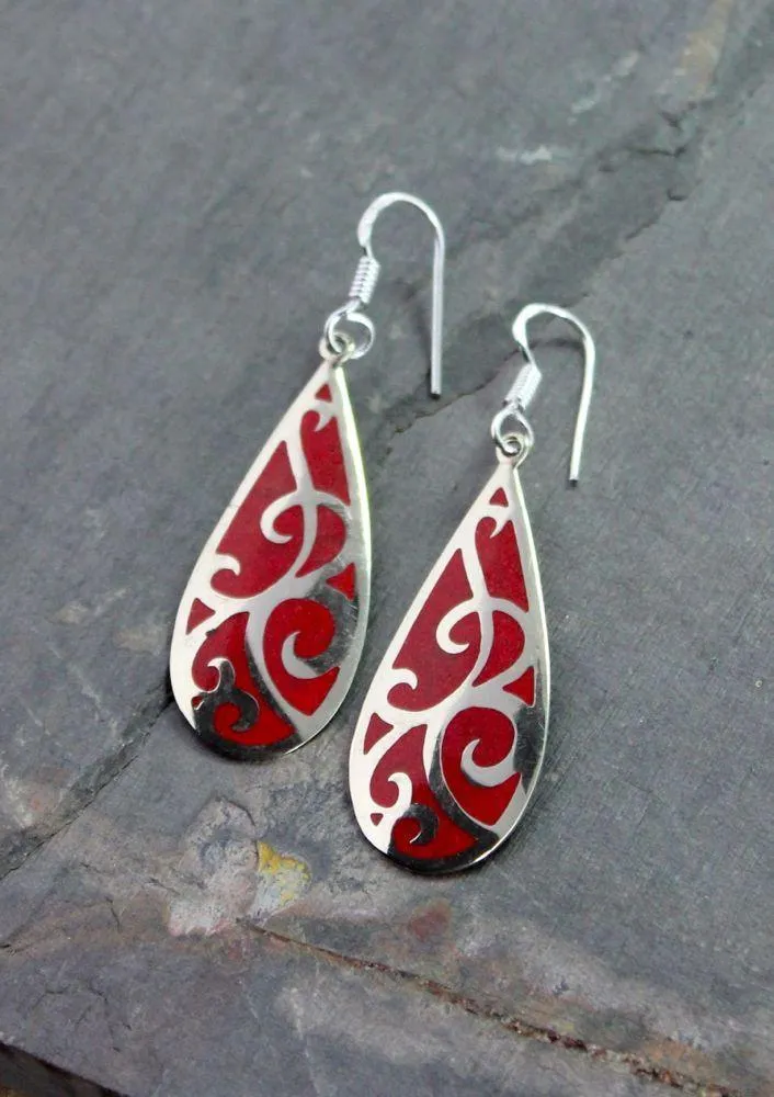 Coral Inlay Silver Earrings