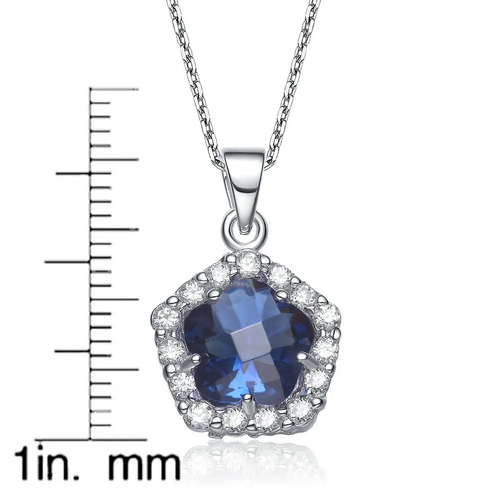 Cubic Zirconia Sterling Silver Rhodium Plated Sapphire Flower Shape Drop Pendant