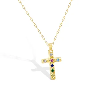 Dainty Rainbow Cross Necklace - Gold