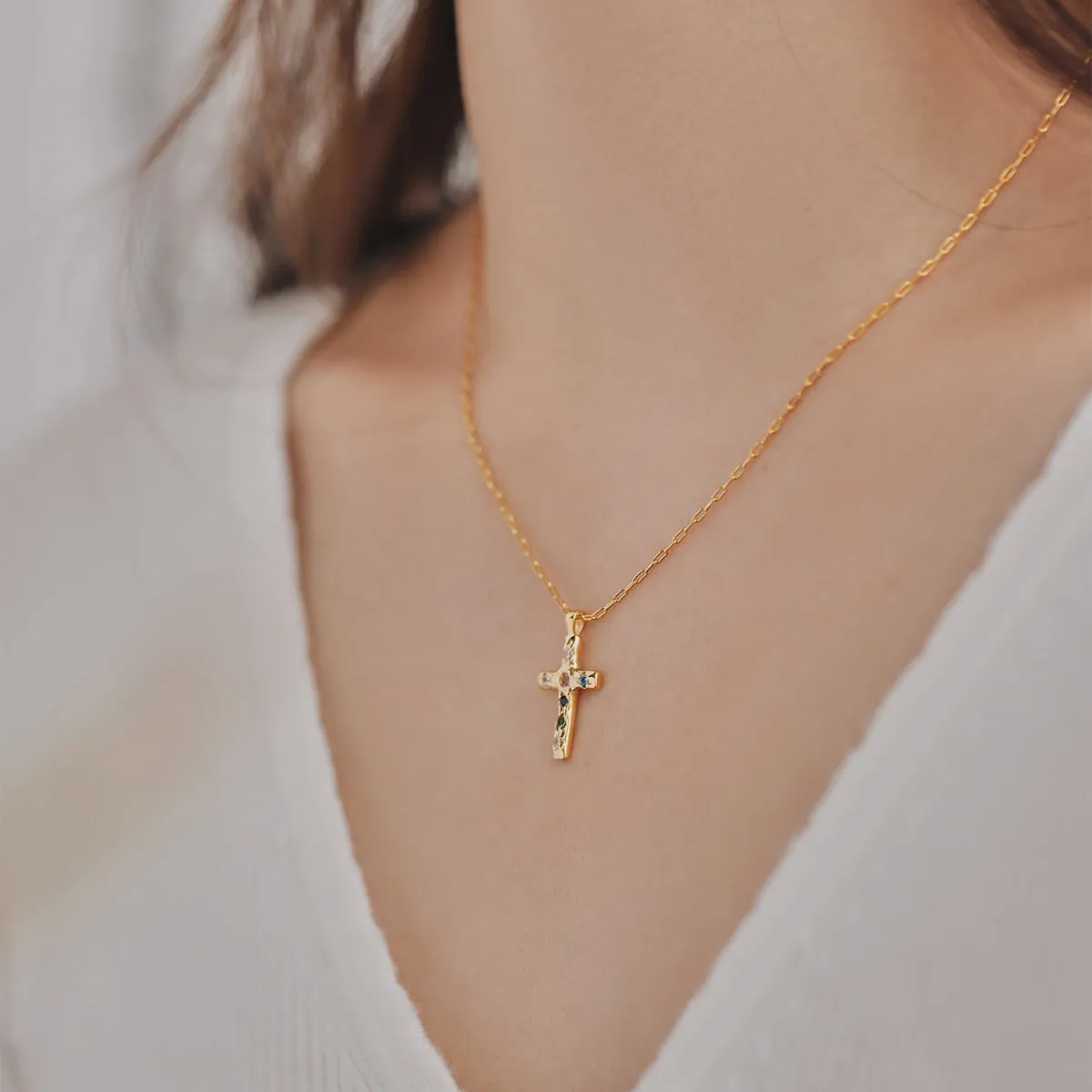 Dainty Rainbow Cross Necklace - Gold