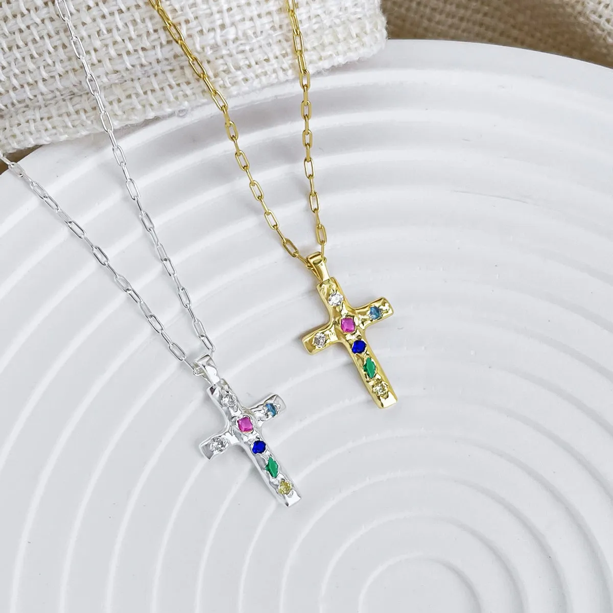 Dainty Rainbow Cross Necklace - Gold