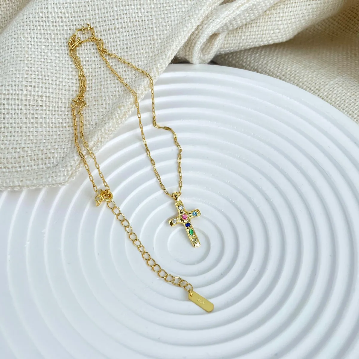 Dainty Rainbow Cross Necklace - Gold