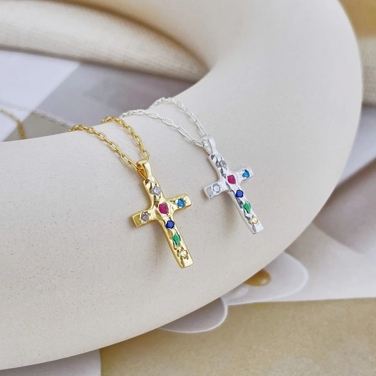 Dainty Rainbow Cross Necklace - Gold