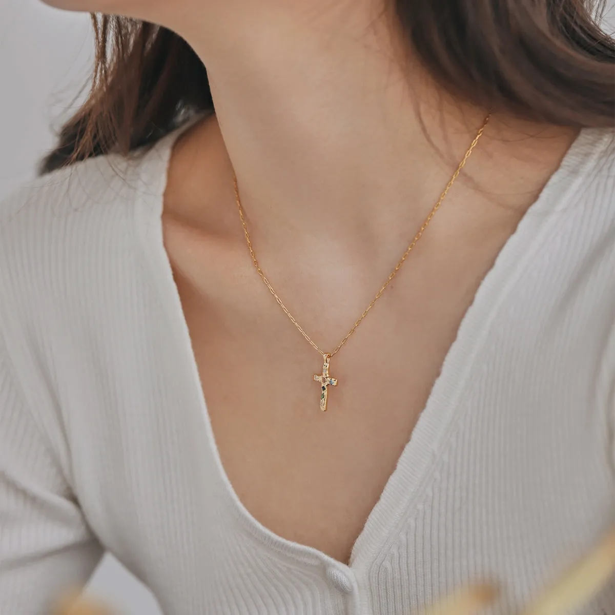 Dainty Rainbow Cross Necklace - Gold