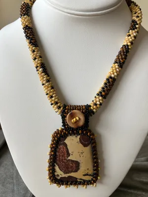 Dendritic Jasper with Crochet Beaded Rope with Button