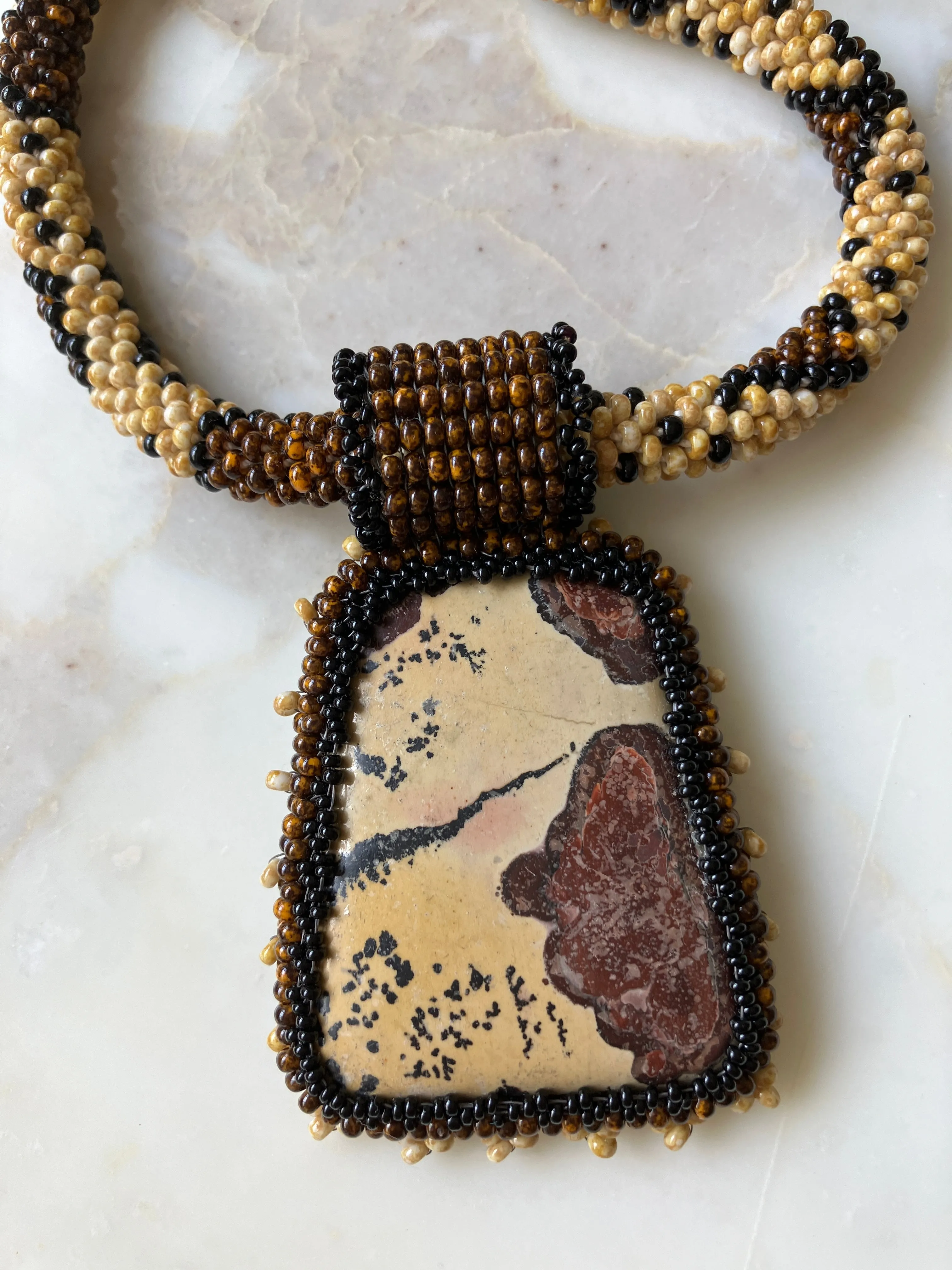 Dendritic Jasper with Crochet Beaded Rope with Button