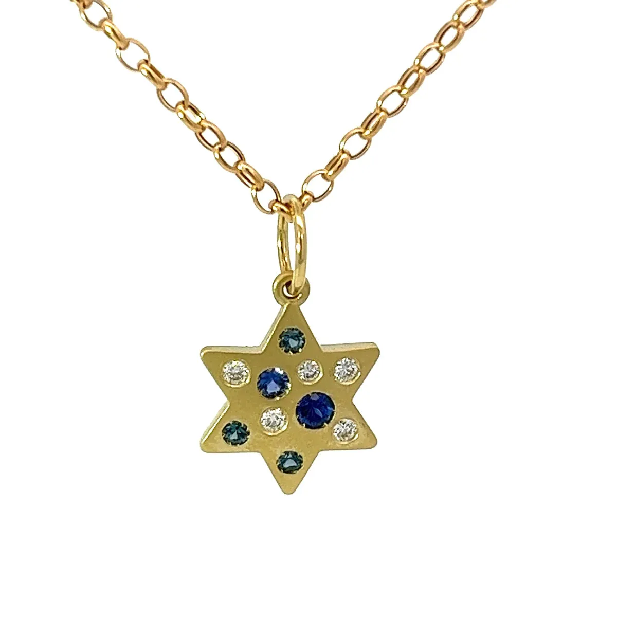 Diamond & Sapphire Matte Gold Star of David Necklace