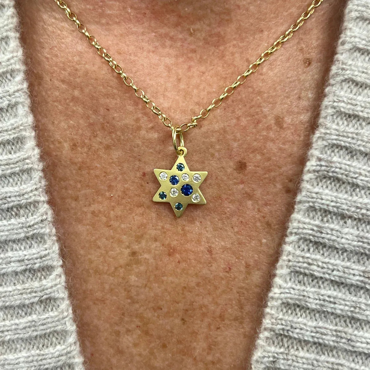 Diamond & Sapphire Matte Gold Star of David Necklace