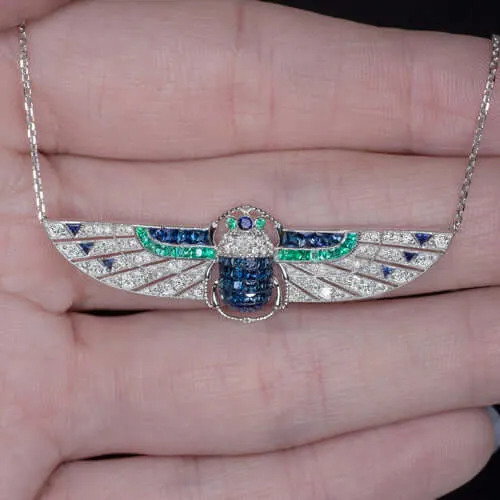 DIAMOND SAPPHIRE EMERALD ART DECO PENDANT EGYPTIAN SCARAB NECKLACE VINTAGE STYLE