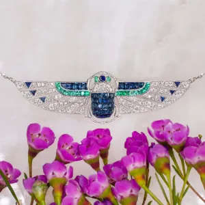 DIAMOND SAPPHIRE EMERALD ART DECO PENDANT EGYPTIAN SCARAB NECKLACE VINTAGE STYLE