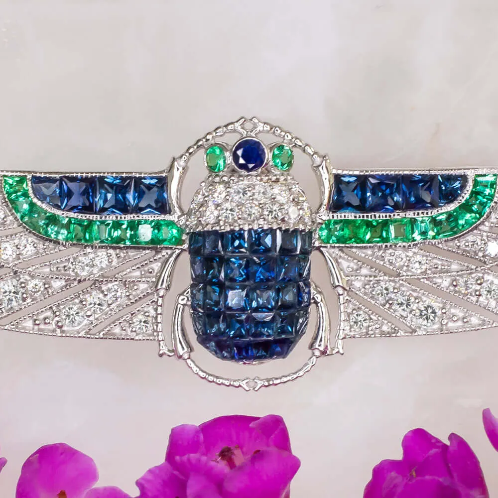 DIAMOND SAPPHIRE EMERALD ART DECO PENDANT EGYPTIAN SCARAB NECKLACE VINTAGE STYLE