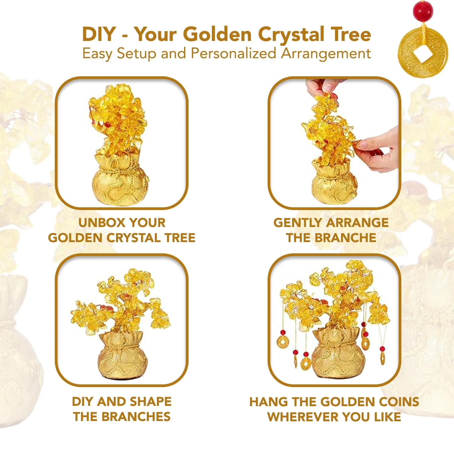 Ekhasa Feng Shui DIY Citrine Crystals Golden Tree of Life Showpiece for Fortune Money Good Luck Wealth Prosperity & Success | Fengshui Charms Gemstone Vastu Decorative Items Table Piece for Office