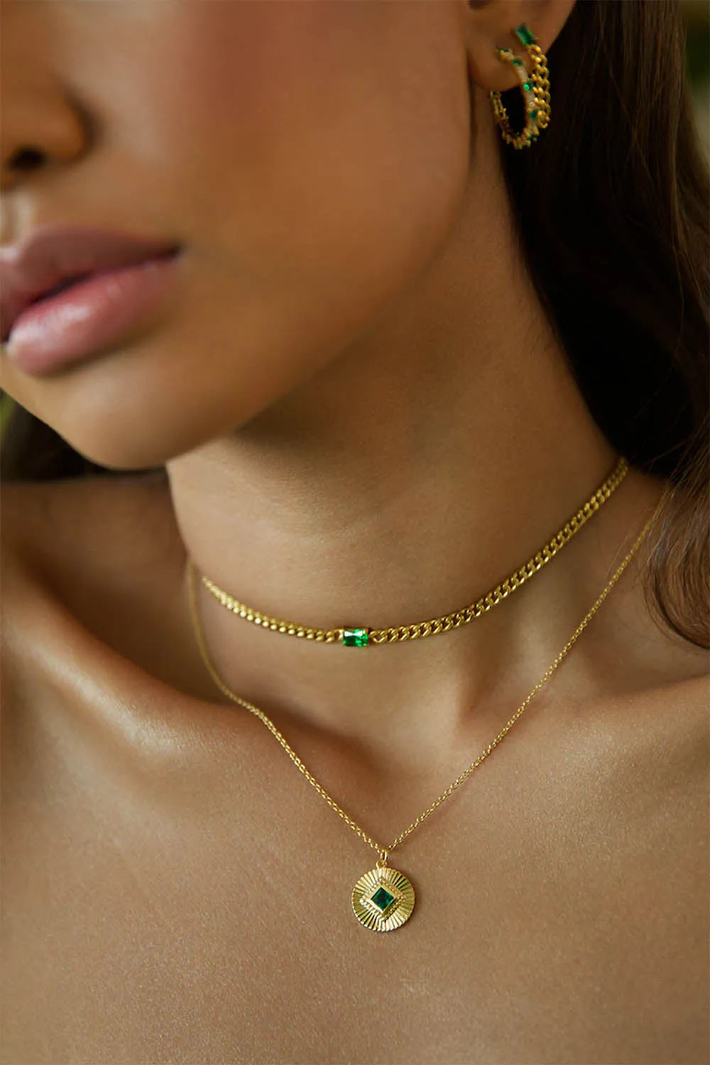 Emerald Curb Necklace Green 14K Gold Plated