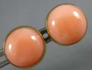 ESTATE AAA CABOCHON CORAL 14KT YELLOW GOLD 3D BEZEL CLASSIC ROUND STUD EARRINGS