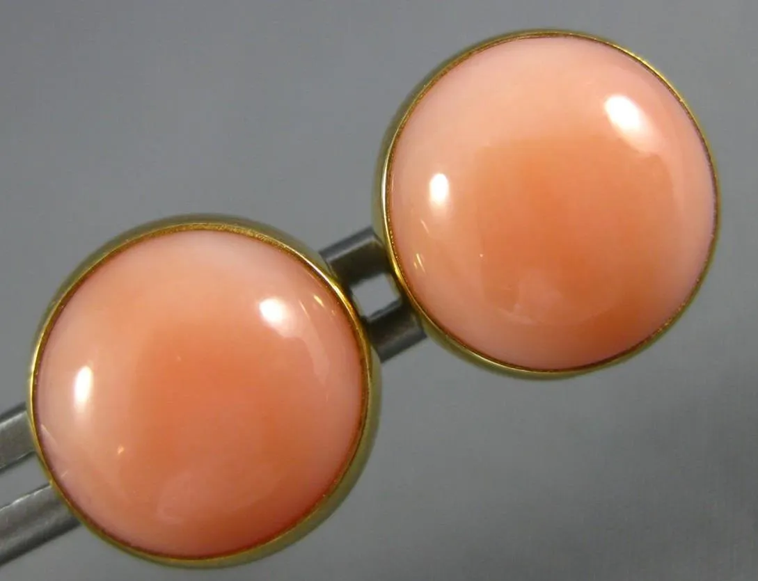 ESTATE AAA CABOCHON CORAL 14KT YELLOW GOLD 3D BEZEL CLASSIC ROUND STUD EARRINGS