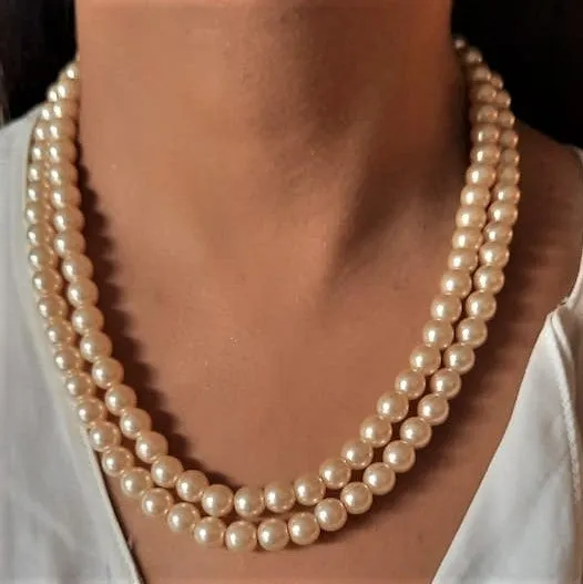 Estele Gold Plated Elegant & Refined Double Line Creamy Pearl Necklace for Women