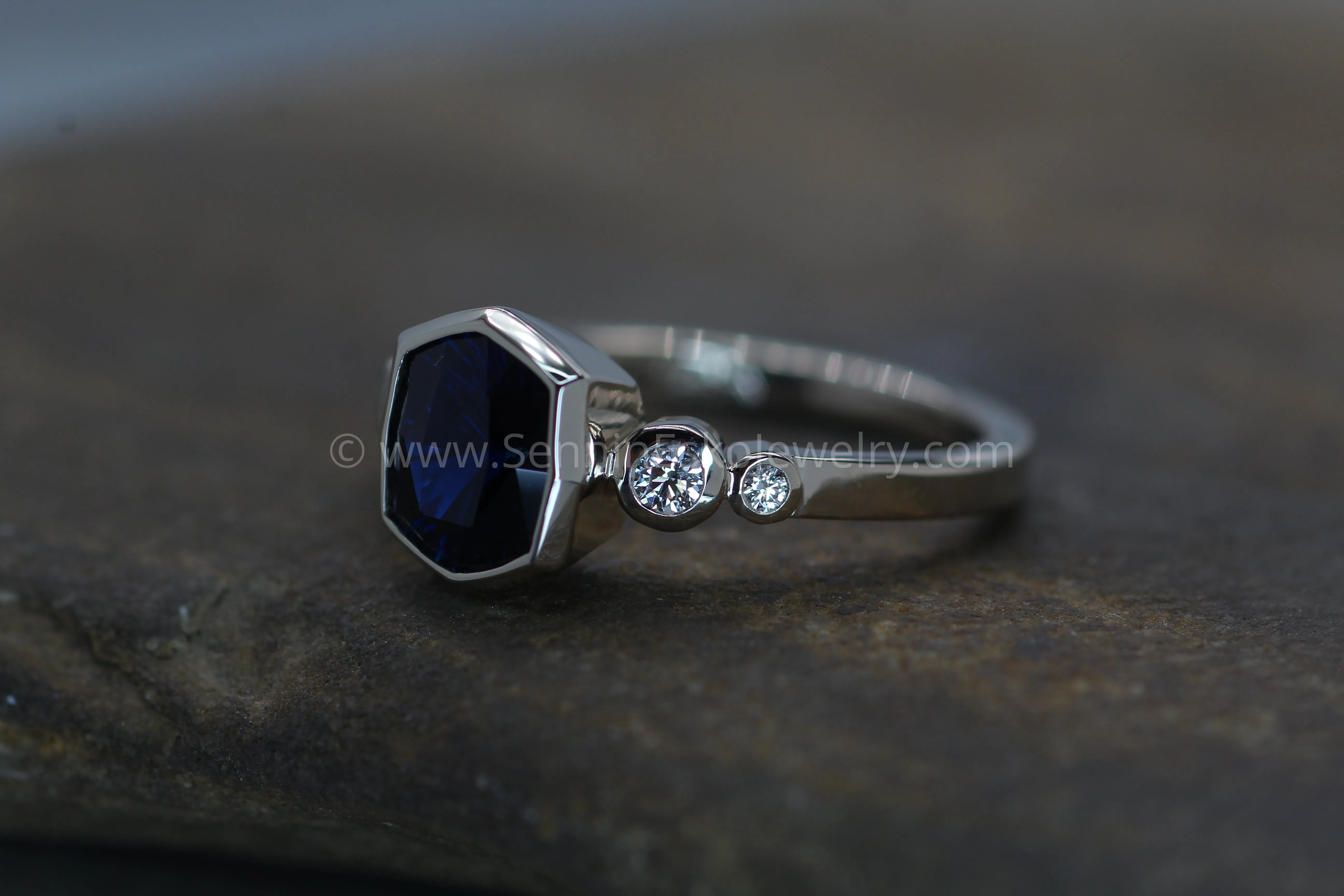 Five Stone Diamond Accented Multi Bezel Setting - Fantasy cut Nigerian Sapphire Cushion Depicted (Setting Only, Center Stone Sold Separately)