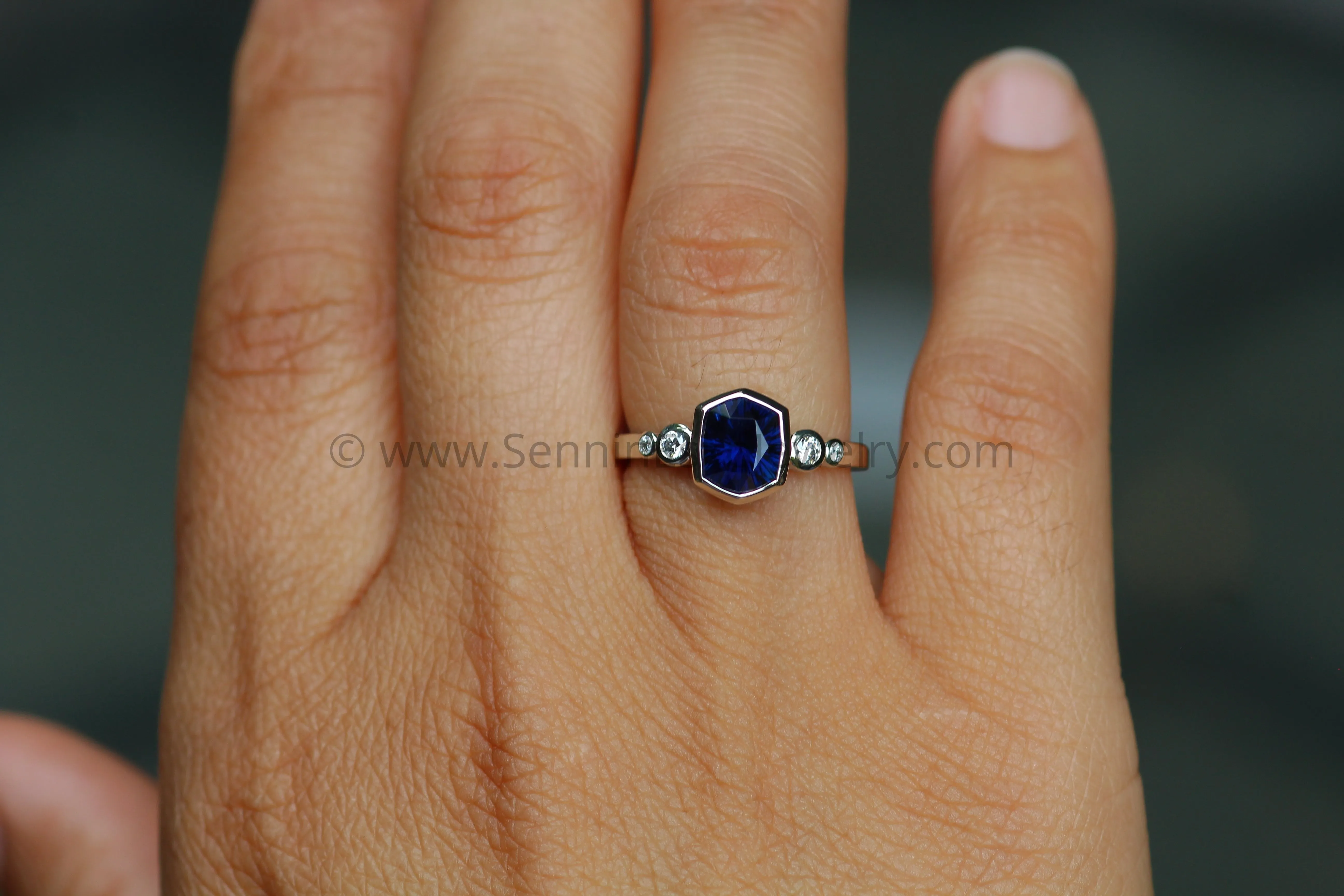 Five Stone Diamond Accented Multi Bezel Setting - Fantasy cut Nigerian Sapphire Cushion Depicted (Setting Only, Center Stone Sold Separately)