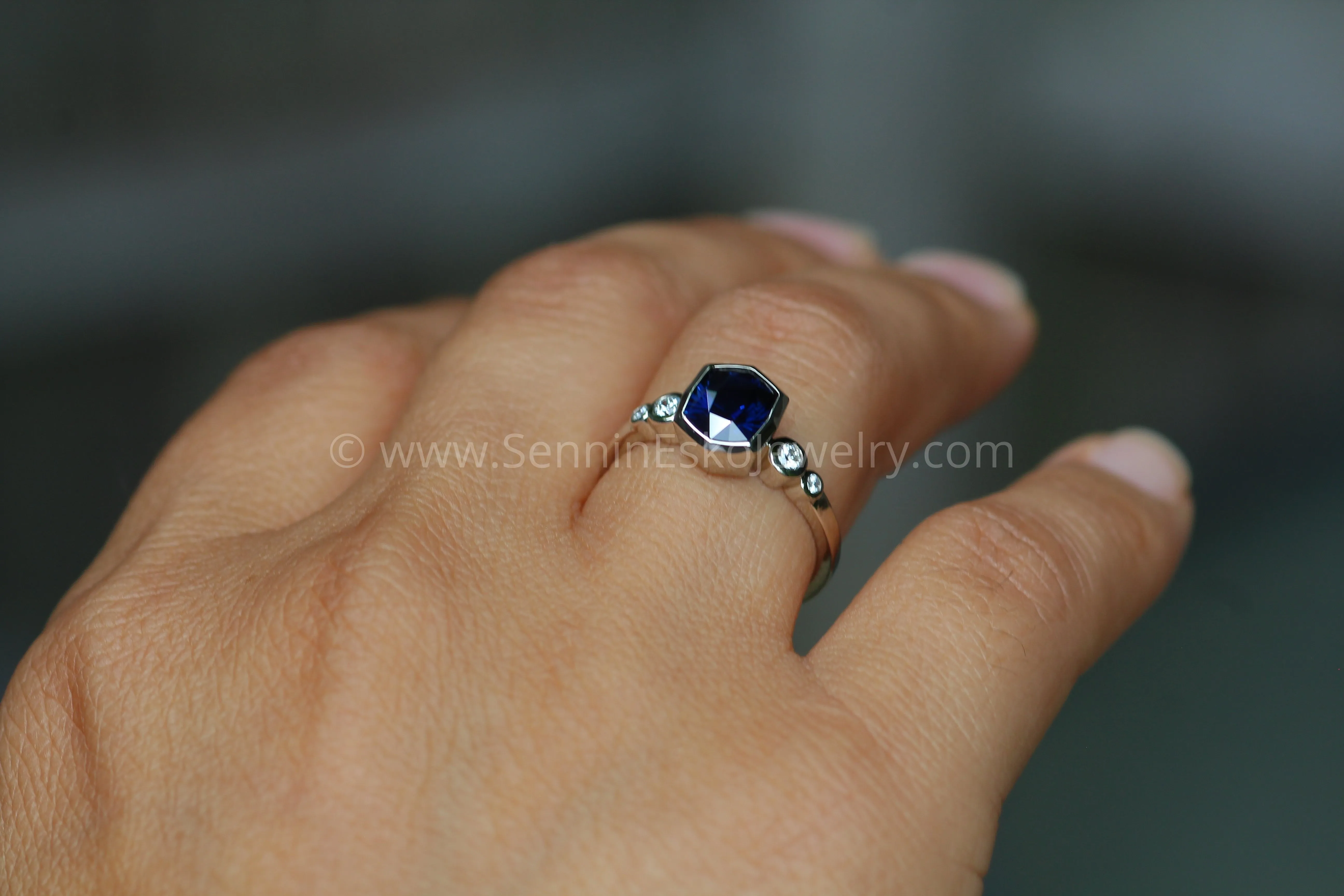 Five Stone Diamond Accented Multi Bezel Setting - Fantasy cut Nigerian Sapphire Cushion Depicted (Setting Only, Center Stone Sold Separately)