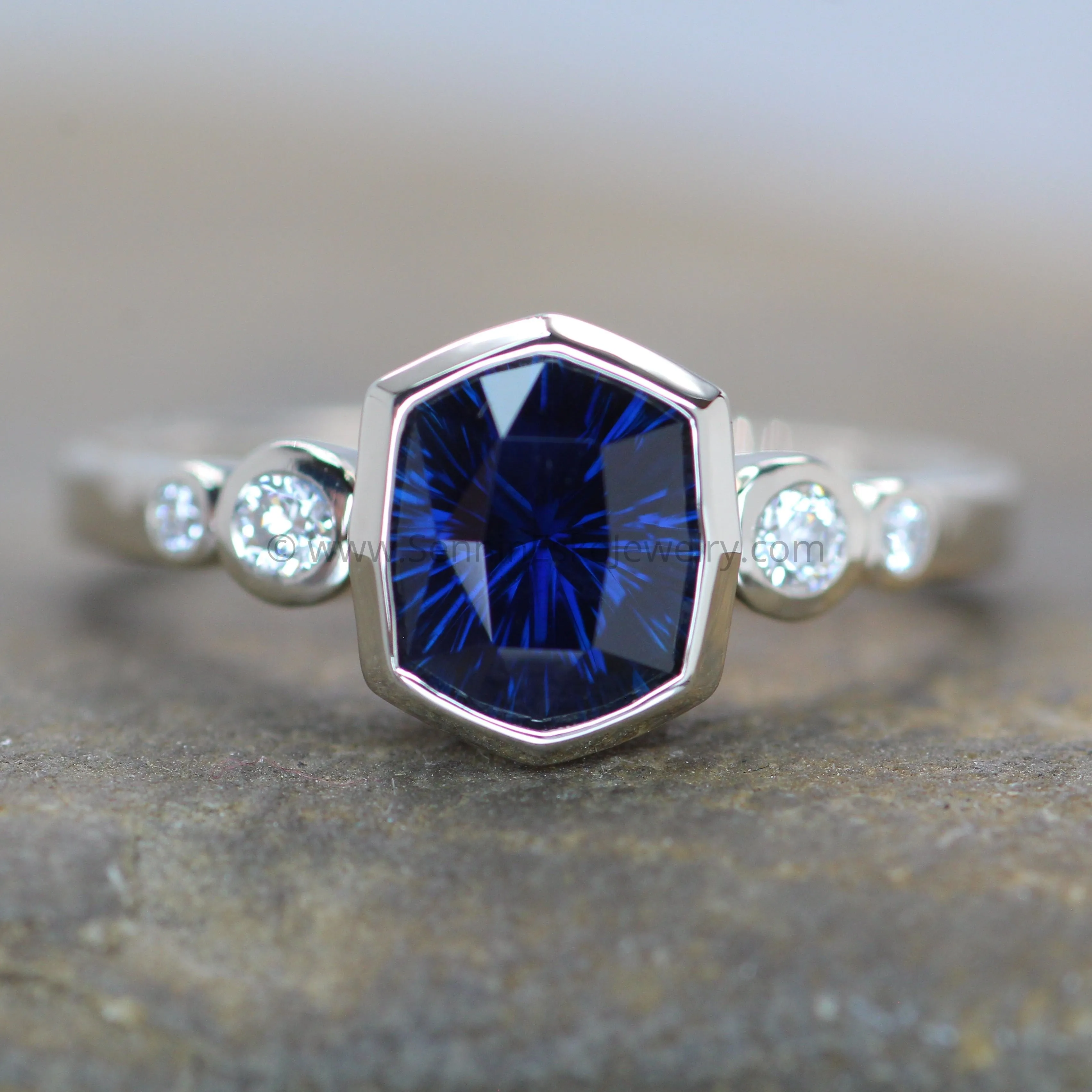 Five Stone Diamond Accented Multi Bezel Setting - Fantasy cut Nigerian Sapphire Cushion Depicted (Setting Only, Center Stone Sold Separately)