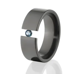 Flat Cut Black Zirconium Ring, 8mm Tension Set, Blue Topaz