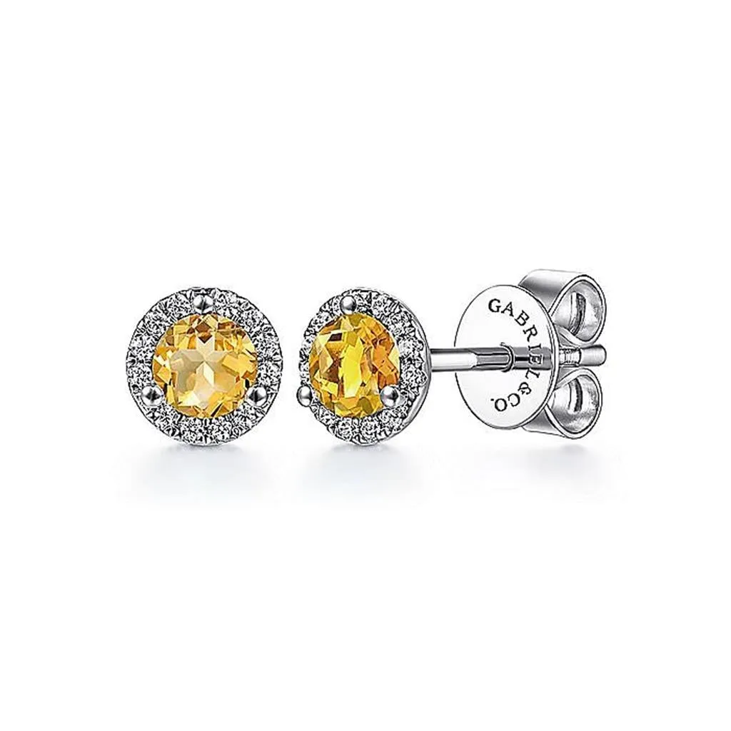 Gabriel & Co. 14K White Gold Halo Citrine and Diamond Stud Earrings