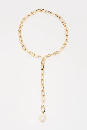 Gold lariat chain necklace with baroque pearl