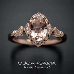 Haydee oval halo with Pink Morganite engagement ring Vintage Inspired