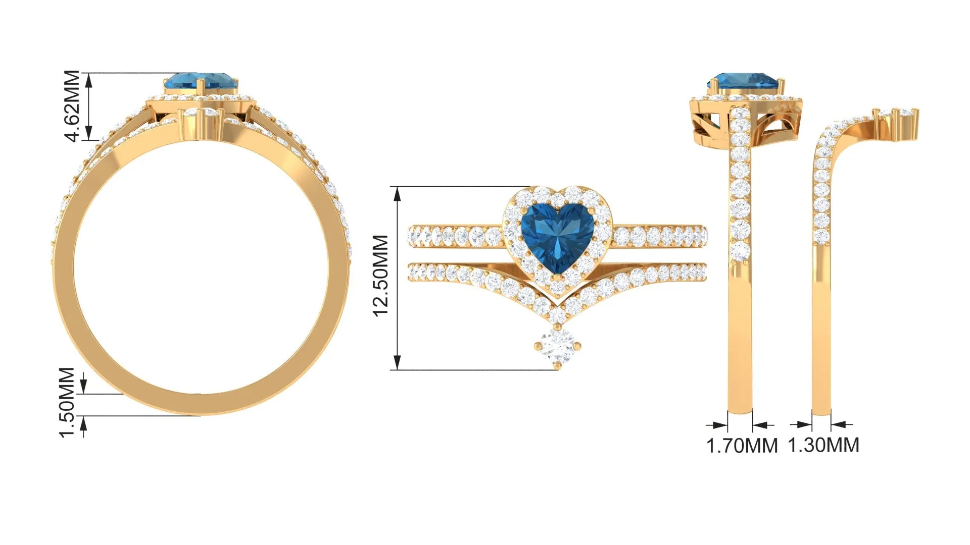 Heart Shape London Blue Topaz Ring Set with Diamond