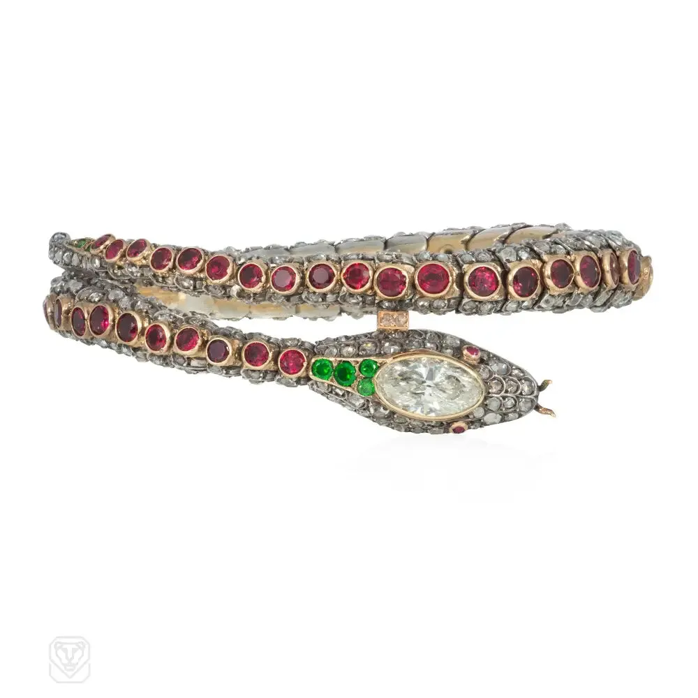 Important antique multigem snake bracelet