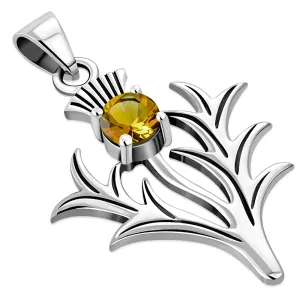 Large Scottish Thistle Silver Pendant w/ Citrine Stone