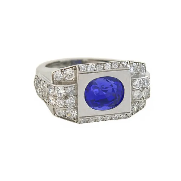 Late Art Deco French Platinum 4.30ct Natural Ceylon Sapphire Diamond Ring