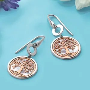 Leslie's Sterling Silver and Rose-tone MOP Tree of Life Dangle Earrings